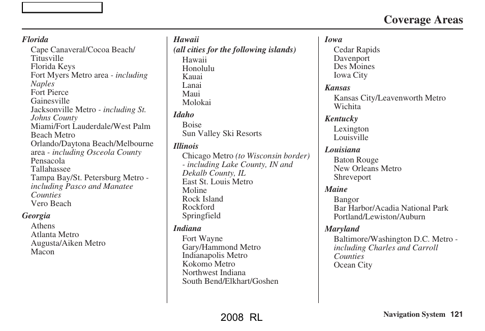 Coverage areas, 2008 rl | Acura 2008 RL Navigation User Manual | Page 121 / 162