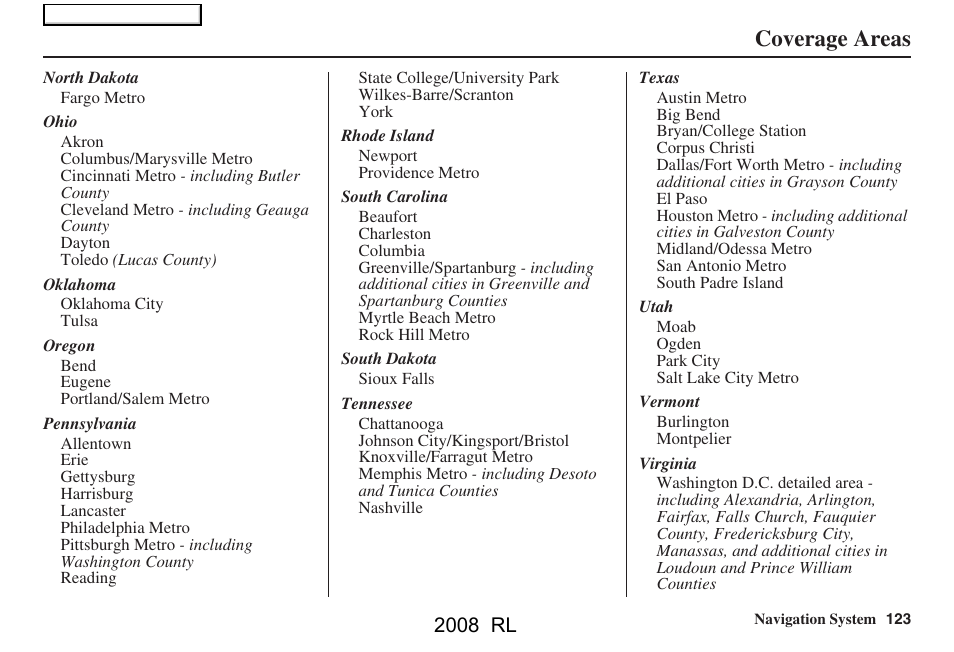 Coverage areas, 2008 rl | Acura 2008 RL Navigation User Manual | Page 123 / 162