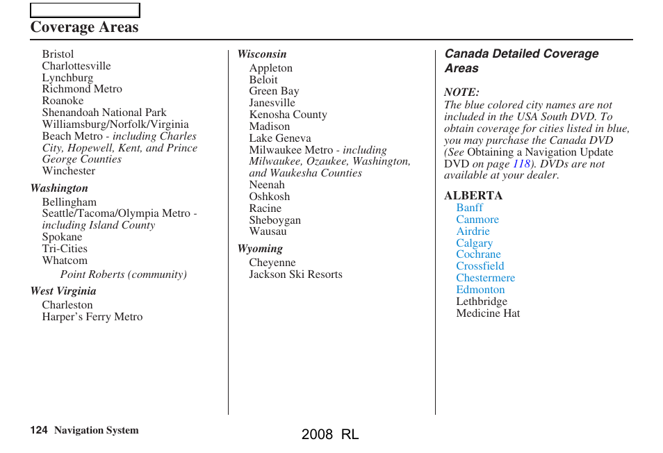 Coverage areas, 2008 rl | Acura 2008 RL Navigation User Manual | Page 124 / 162