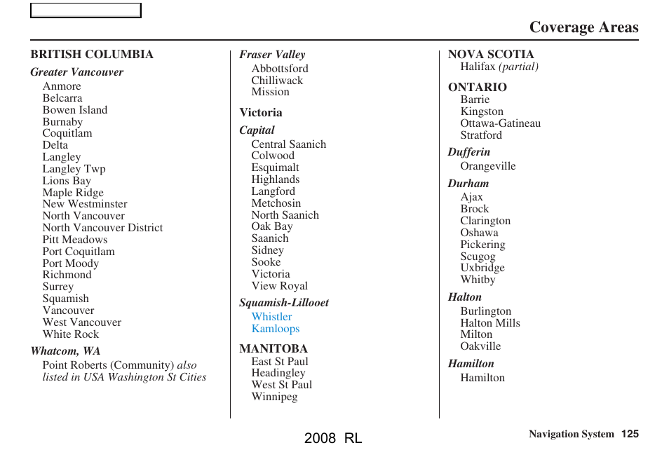 Coverage areas, 2008 rl | Acura 2008 RL Navigation User Manual | Page 125 / 162