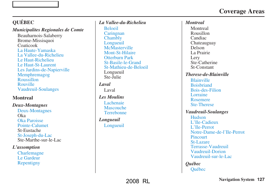 Coverage areas, 2008 rl | Acura 2008 RL Navigation User Manual | Page 127 / 162