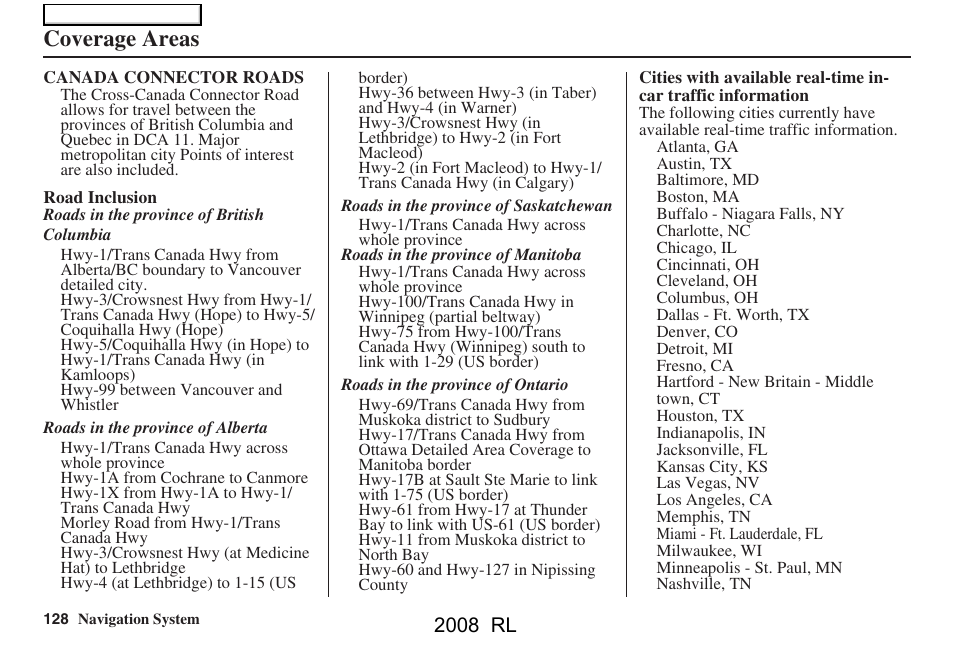 Coverage areas, 2008 rl | Acura 2008 RL Navigation User Manual | Page 128 / 162