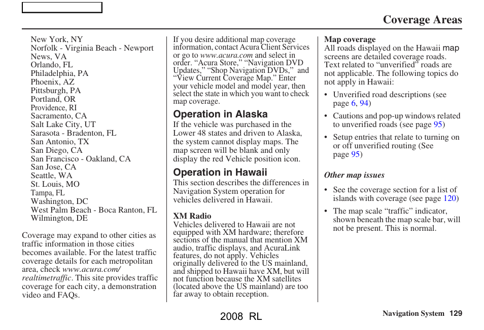 Coverage areas, 2008 rl | Acura 2008 RL Navigation User Manual | Page 129 / 162