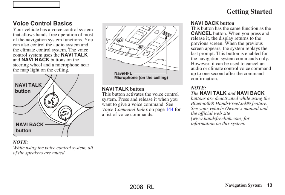 Getting started, 2008 rl | Acura 2008 RL Navigation User Manual | Page 13 / 162