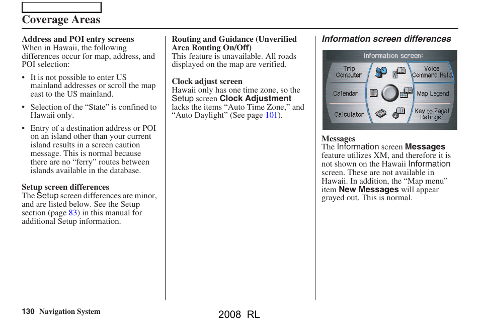 Coverage areas, 2008 rl | Acura 2008 RL Navigation User Manual | Page 130 / 162