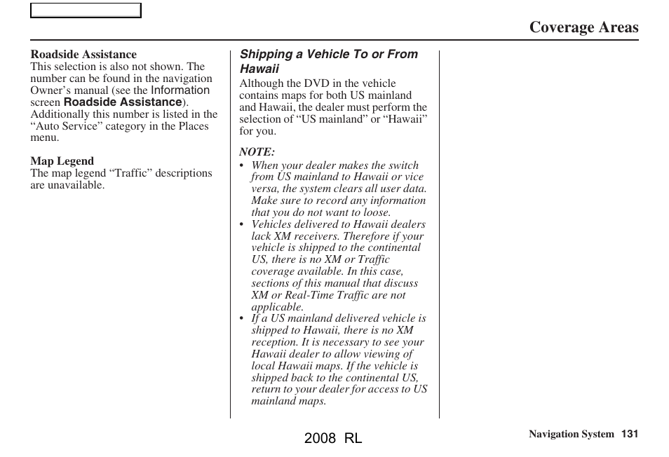 Coverage areas, 2008 rl | Acura 2008 RL Navigation User Manual | Page 131 / 162