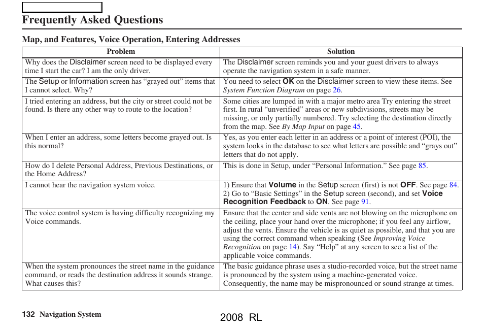 Frequently asked questions, 2008 rl | Acura 2008 RL Navigation User Manual | Page 132 / 162