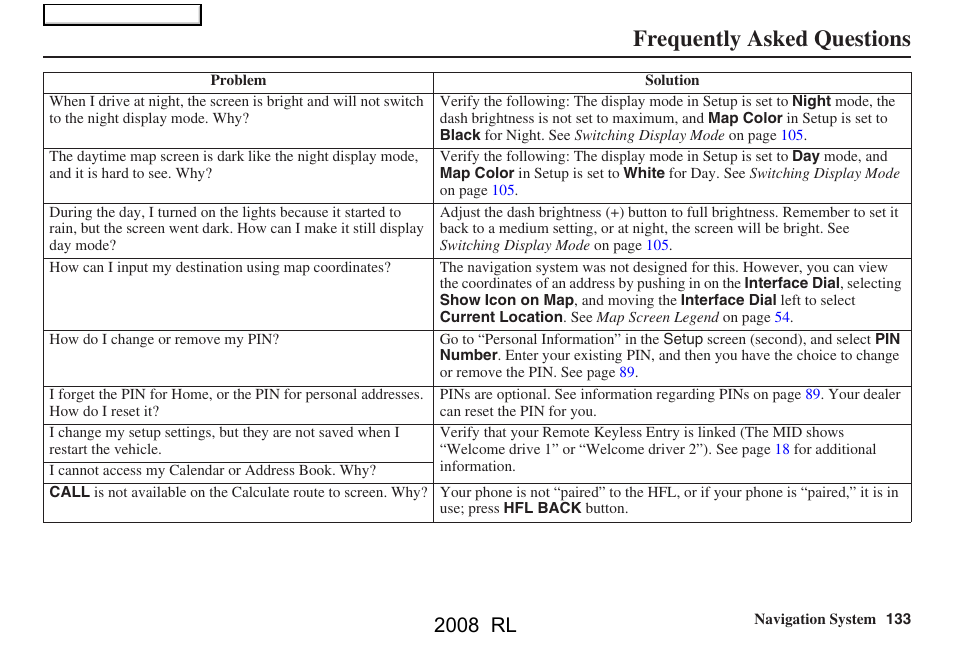 Frequently asked questions, 2008 rl | Acura 2008 RL Navigation User Manual | Page 133 / 162