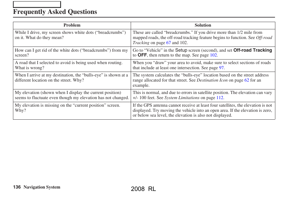 Frequently asked questions, 2008 rl | Acura 2008 RL Navigation User Manual | Page 136 / 162