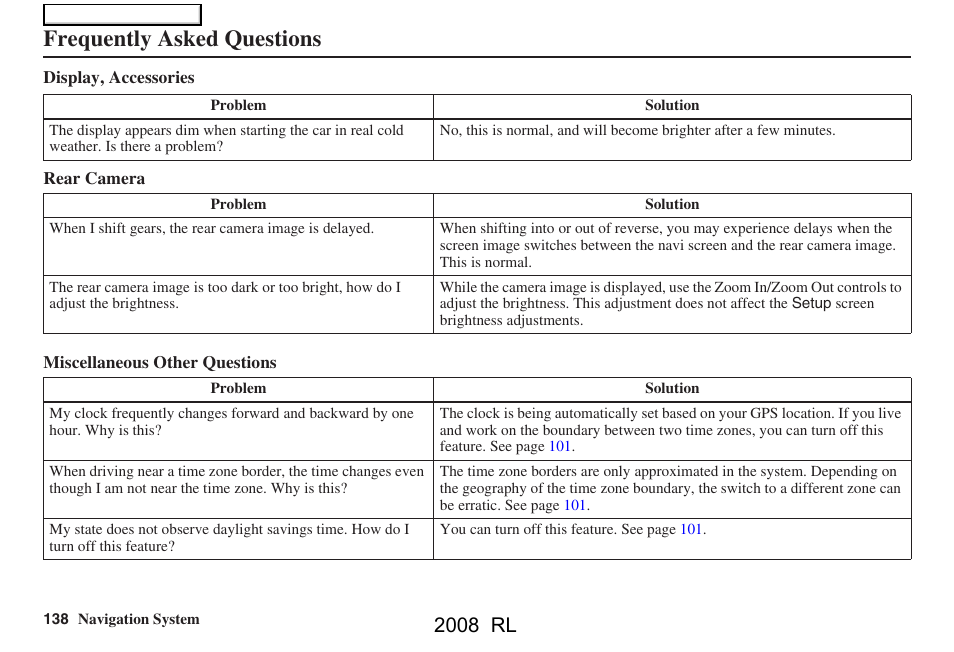 Frequently asked questions, 2008 rl | Acura 2008 RL Navigation User Manual | Page 138 / 162