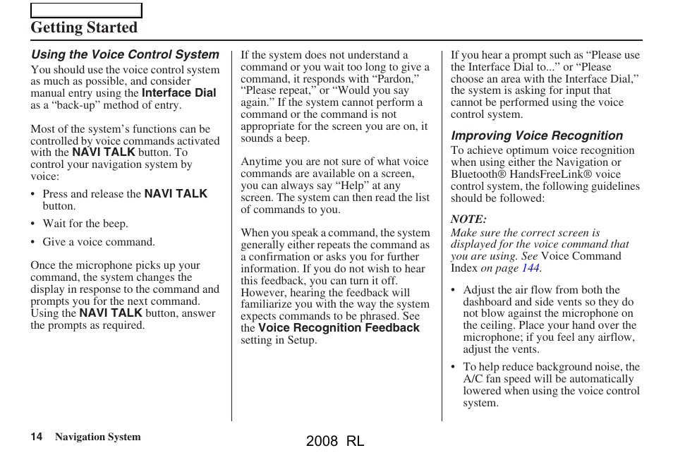 Getting started, 2008 rl | Acura 2008 RL Navigation User Manual | Page 14 / 162