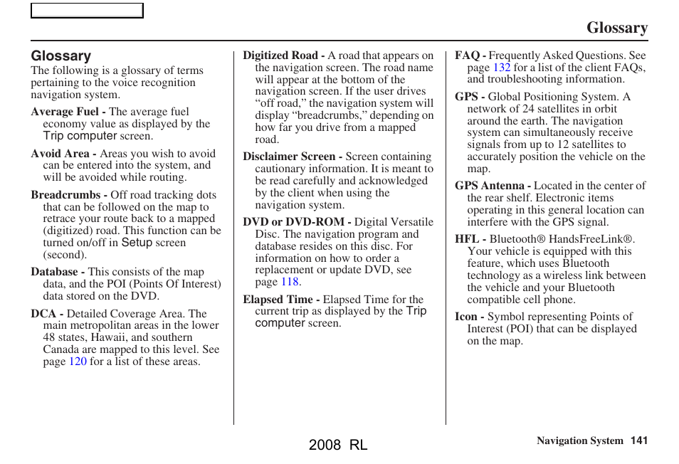 Glossary, 2008 rl | Acura 2008 RL Navigation User Manual | Page 141 / 162