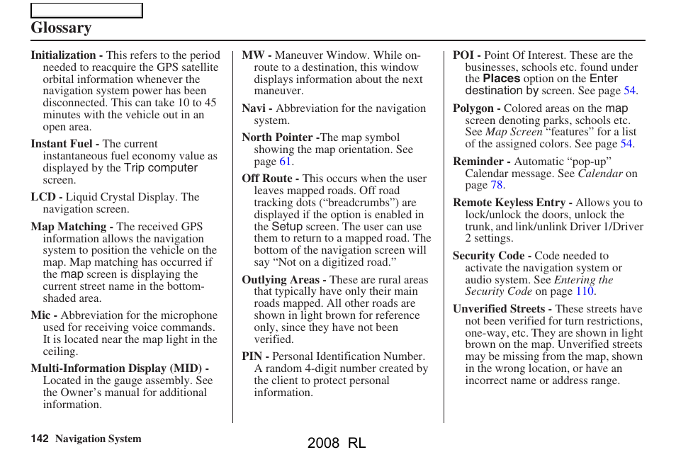 Glossary, 2008 rl | Acura 2008 RL Navigation User Manual | Page 142 / 162