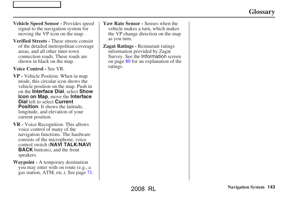 Glossary, 2008 rl | Acura 2008 RL Navigation User Manual | Page 143 / 162
