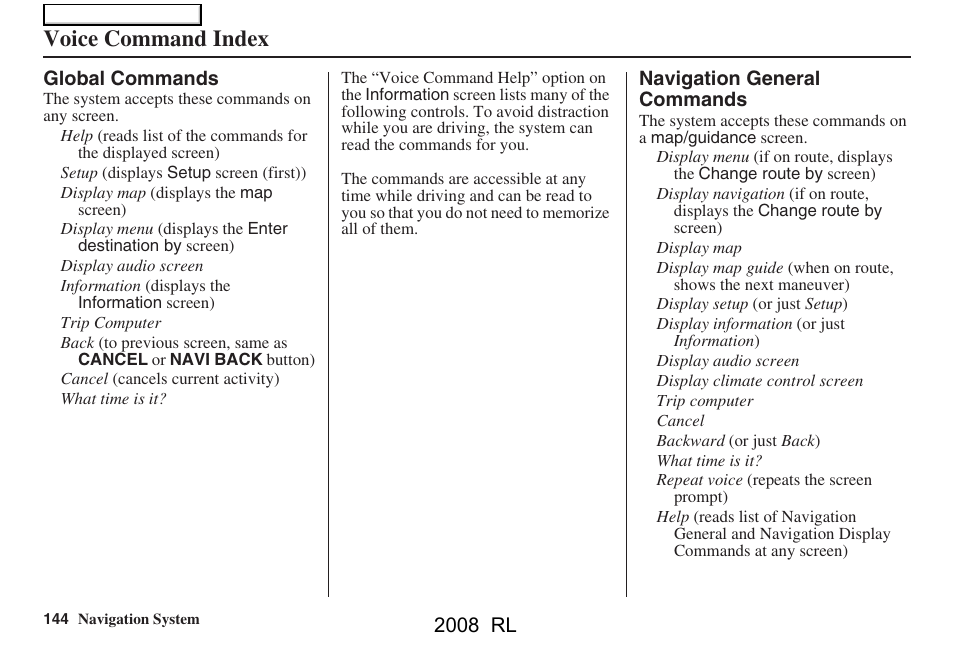 Voice command index, 2008 rl | Acura 2008 RL Navigation User Manual | Page 144 / 162