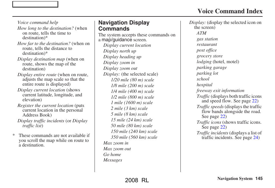 Voice command index, 2008 rl | Acura 2008 RL Navigation User Manual | Page 145 / 162
