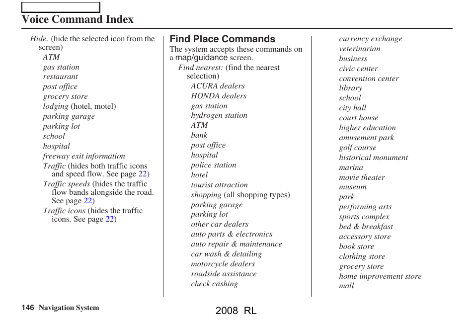 Voice command index, 2008 rl | Acura 2008 RL Navigation User Manual | Page 146 / 162