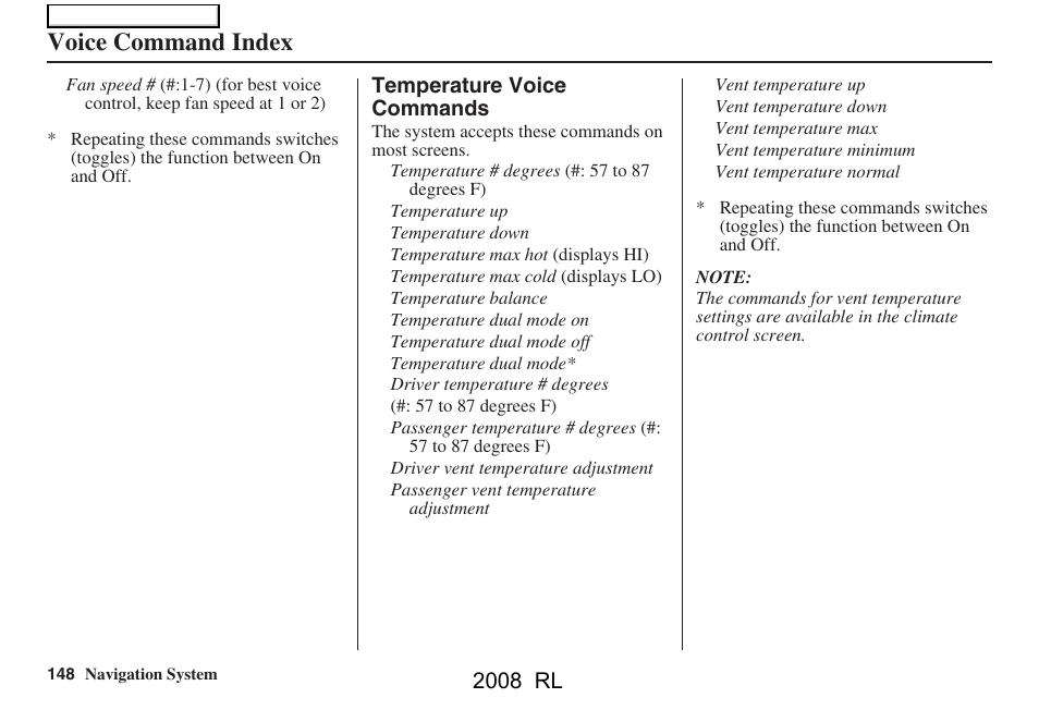 Voice command index, 2008 rl | Acura 2008 RL Navigation User Manual | Page 148 / 162