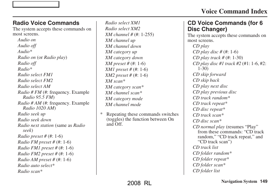 Voice command index, 2008 rl | Acura 2008 RL Navigation User Manual | Page 149 / 162