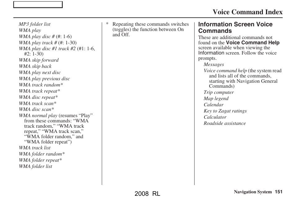 Voice command index, 2008 rl | Acura 2008 RL Navigation User Manual | Page 151 / 162