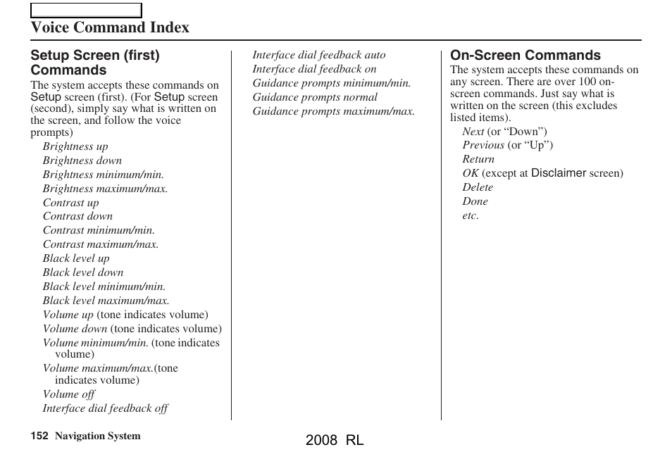 Voice command index | Acura 2008 RL Navigation User Manual | Page 152 / 162