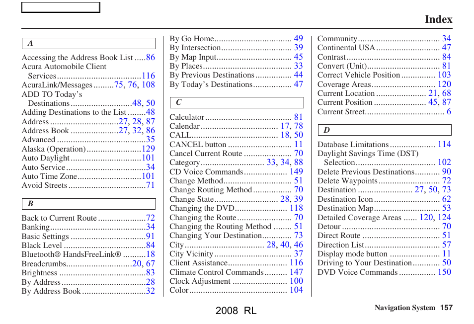 Untitled, Index | Acura 2008 RL Navigation User Manual | Page 157 / 162