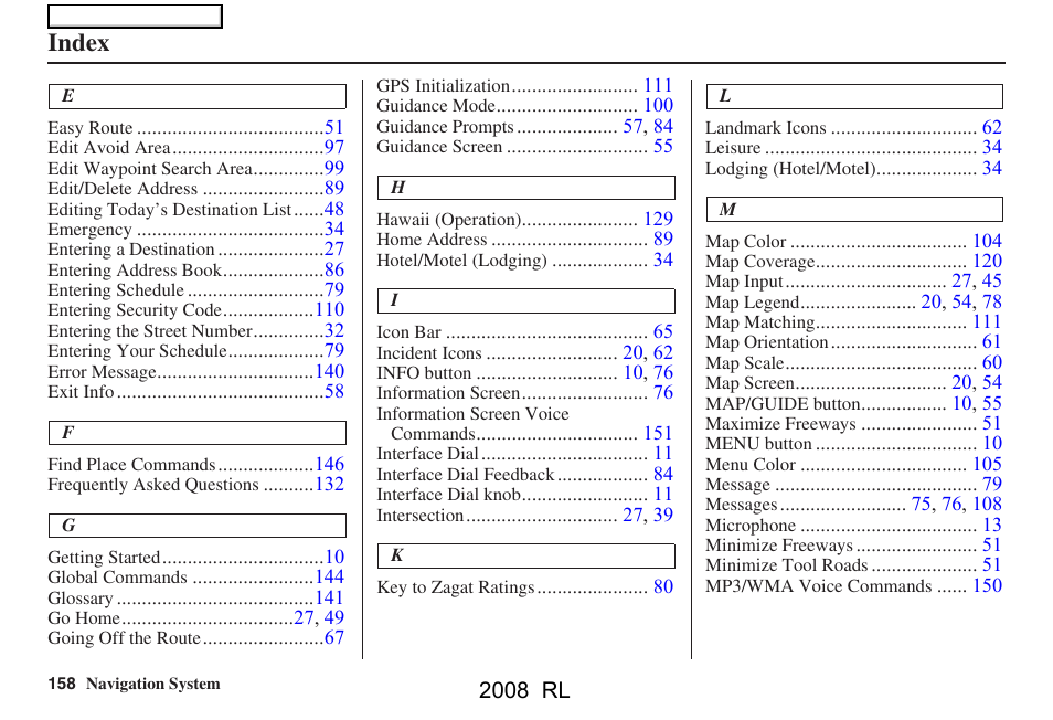 Index | Acura 2008 RL Navigation User Manual | Page 158 / 162