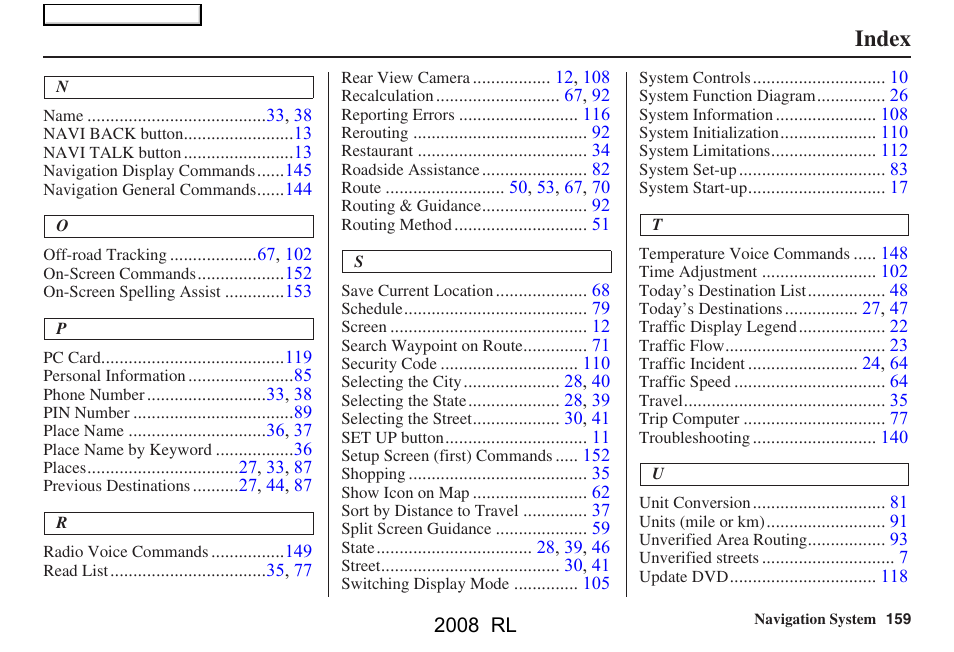 Index | Acura 2008 RL Navigation User Manual | Page 159 / 162