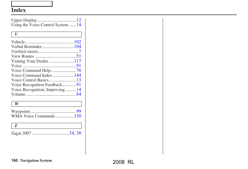 Index | Acura 2008 RL Navigation User Manual | Page 160 / 162