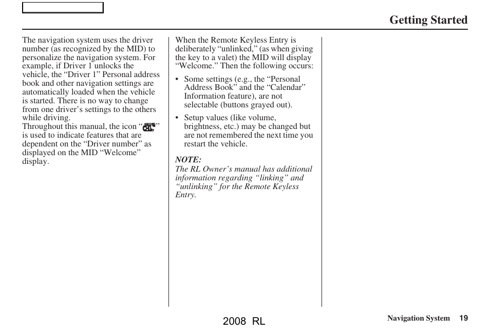 Getting started, 2008 rl | Acura 2008 RL Navigation User Manual | Page 19 / 162