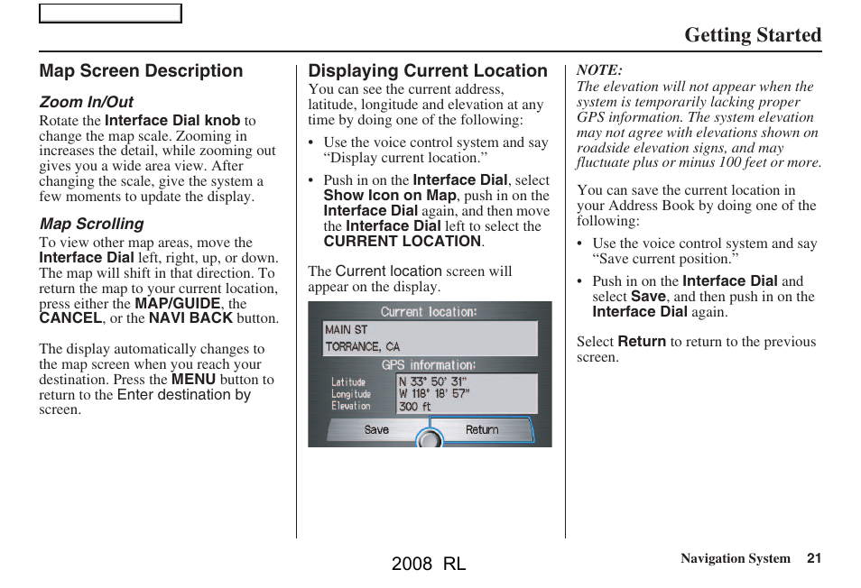 Getting started, 2008 rl | Acura 2008 RL Navigation User Manual | Page 21 / 162