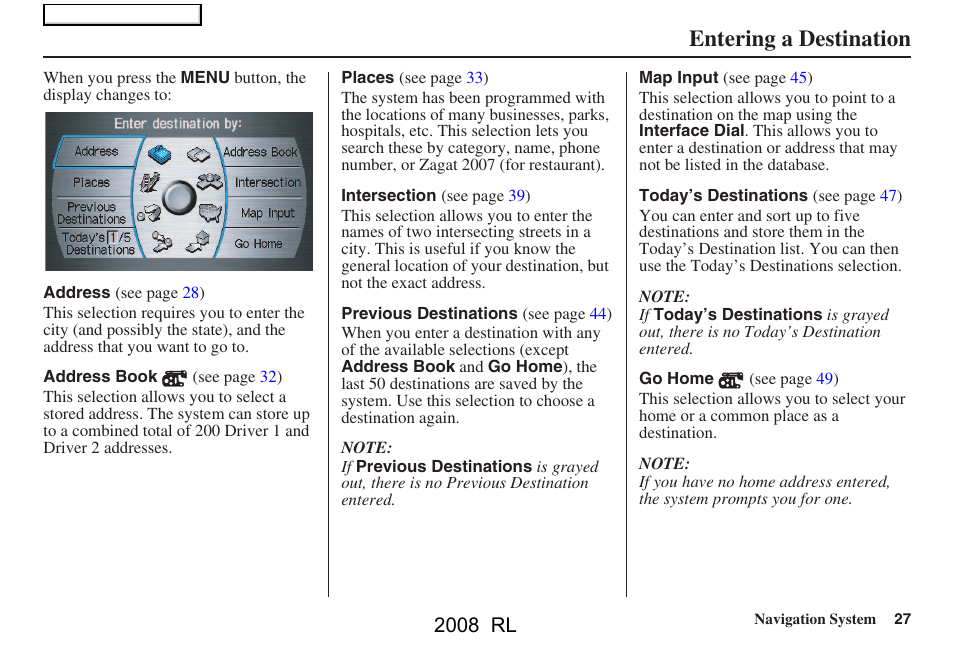 Entering a destination, 2008 rl | Acura 2008 RL Navigation User Manual | Page 27 / 162