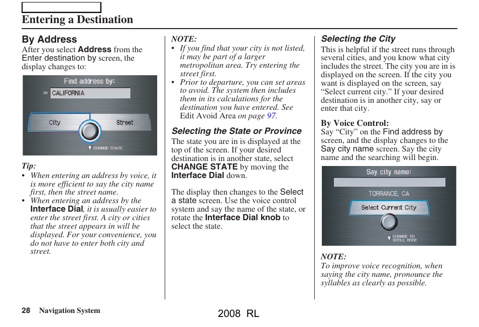 Entering a destination, 2008 rl | Acura 2008 RL Navigation User Manual | Page 28 / 162