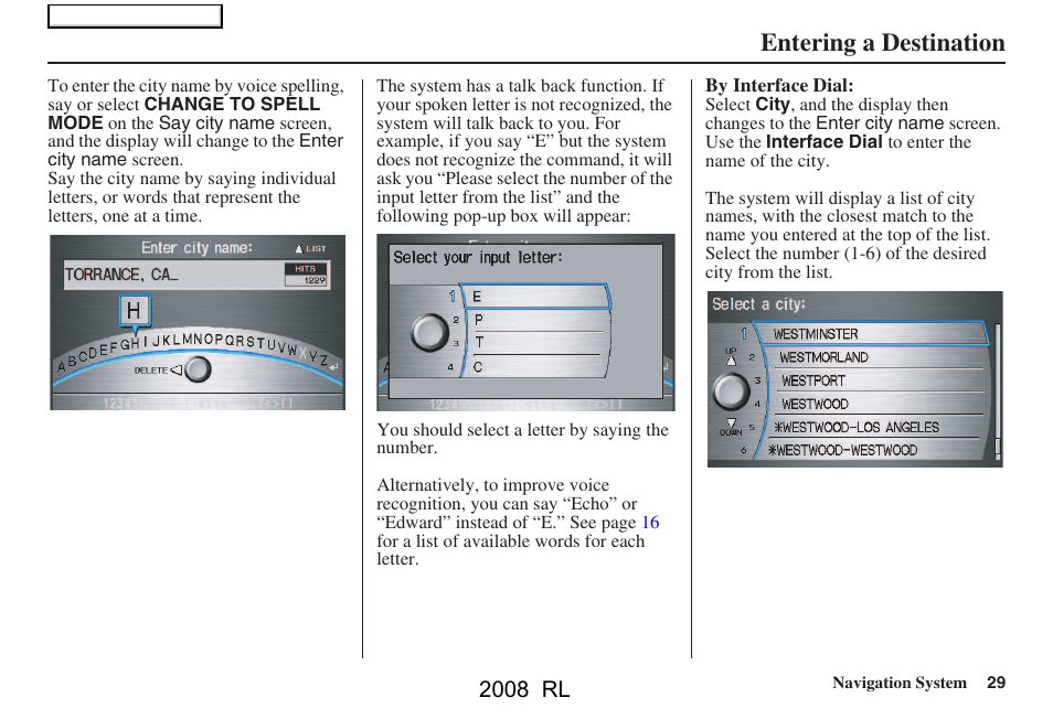 Entering a destination, 2008 rl | Acura 2008 RL Navigation User Manual | Page 29 / 162