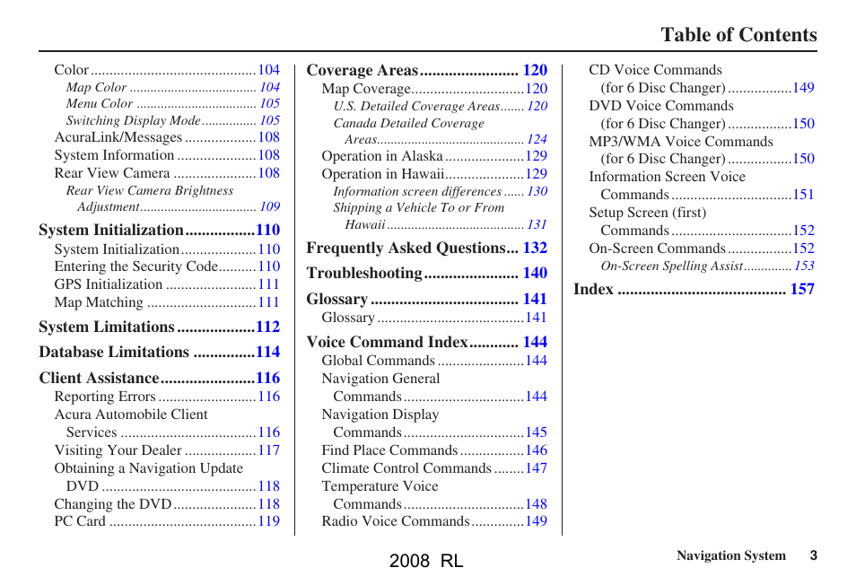 Acura 2008 RL Navigation User Manual | Page 3 / 162