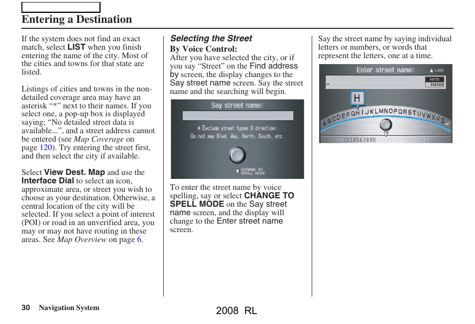 Entering a destination, 2008 rl | Acura 2008 RL Navigation User Manual | Page 30 / 162