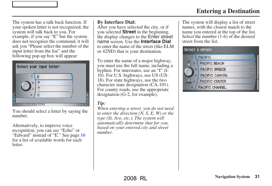 Entering a destination, 2008 rl | Acura 2008 RL Navigation User Manual | Page 31 / 162