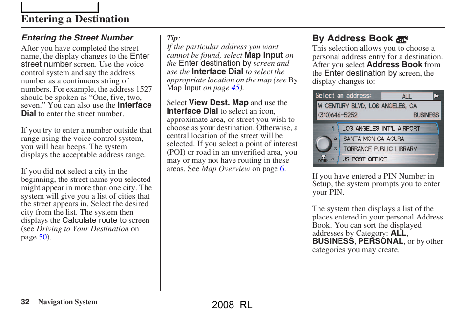 Entering a destination, 2008 rl | Acura 2008 RL Navigation User Manual | Page 32 / 162