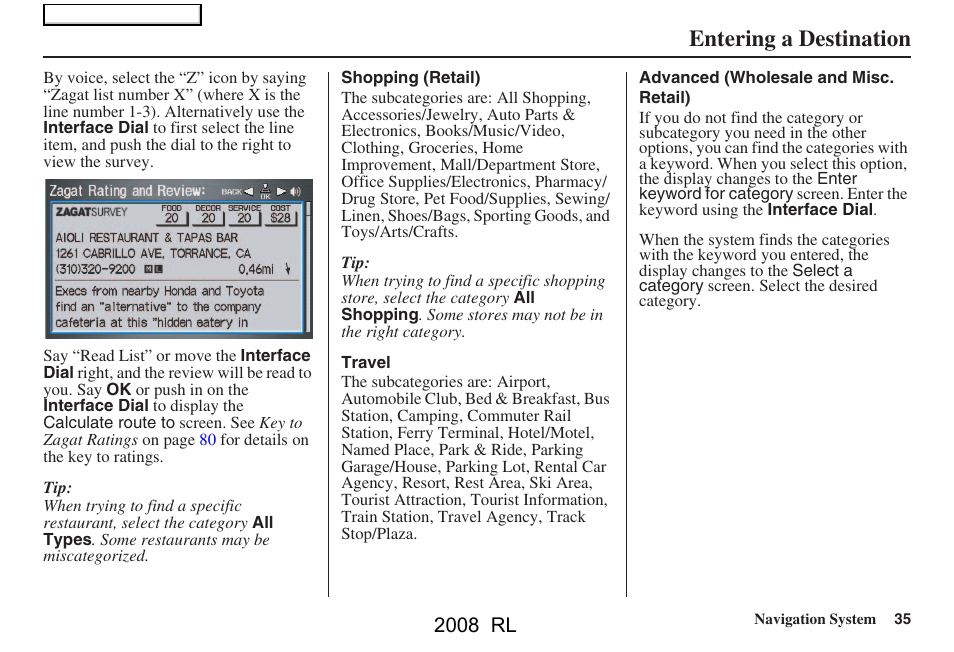 Entering a destination, 2008 rl | Acura 2008 RL Navigation User Manual | Page 35 / 162