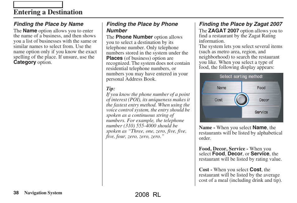 Entering a destination, 2008 rl | Acura 2008 RL Navigation User Manual | Page 38 / 162