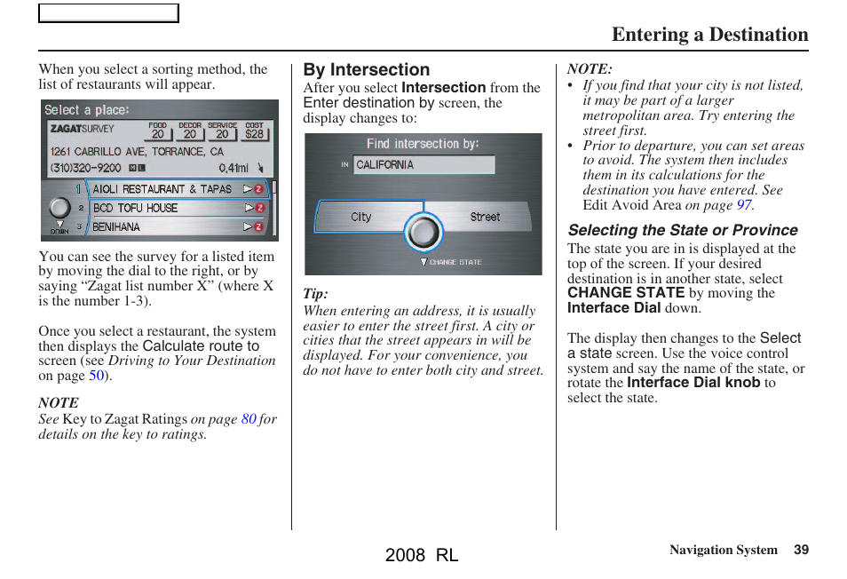 Entering a destination, 2008 rl | Acura 2008 RL Navigation User Manual | Page 39 / 162