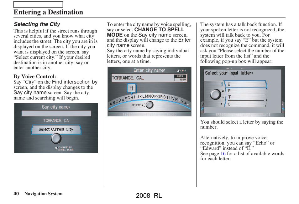 Entering a destination, 2008 rl | Acura 2008 RL Navigation User Manual | Page 40 / 162