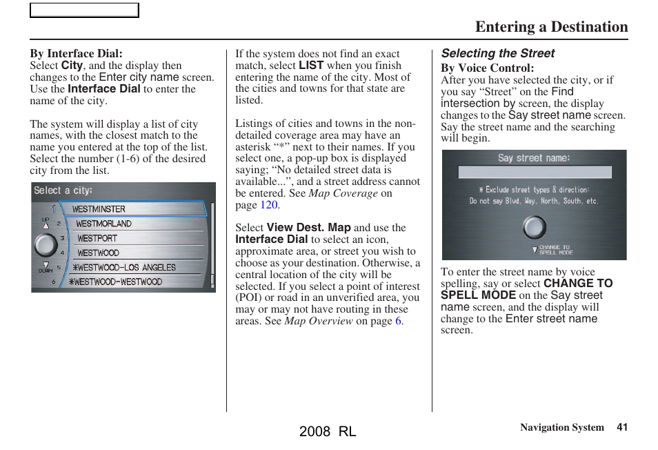 Entering a destination, 2008 rl | Acura 2008 RL Navigation User Manual | Page 41 / 162