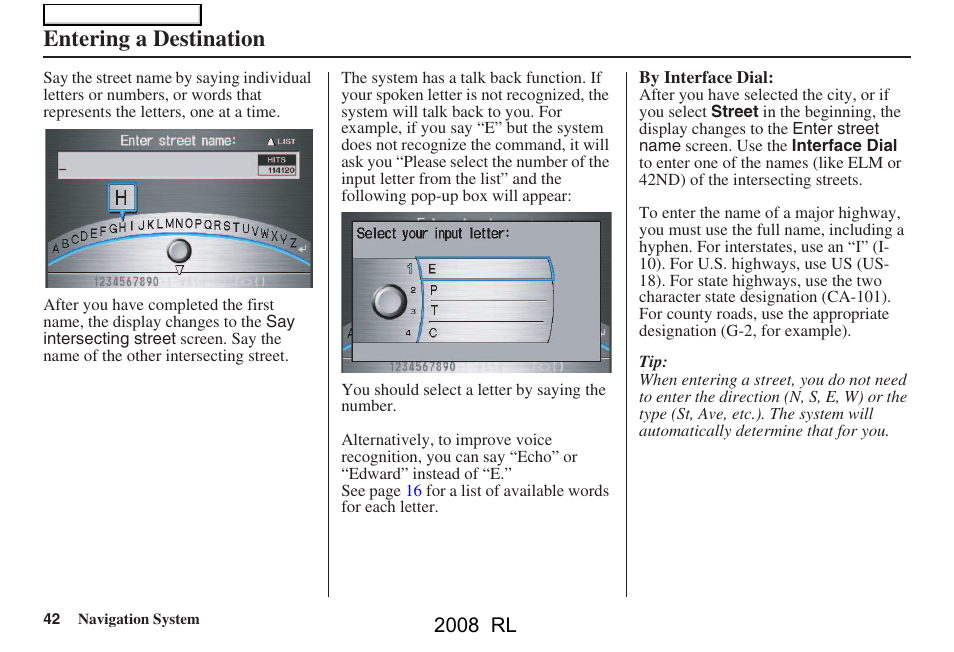 Entering a destination, 2008 rl | Acura 2008 RL Navigation User Manual | Page 42 / 162