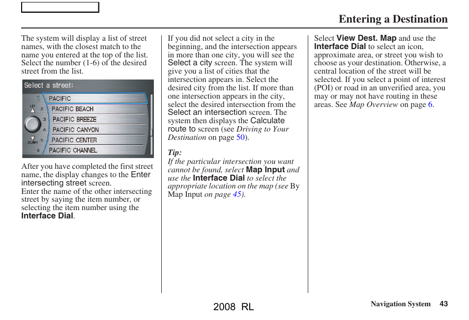 Entering a destination, 2008 rl | Acura 2008 RL Navigation User Manual | Page 43 / 162