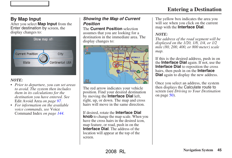 Entering a destination, 2008 rl | Acura 2008 RL Navigation User Manual | Page 45 / 162