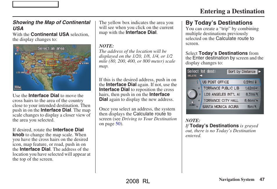 Entering a destination, 2008 rl | Acura 2008 RL Navigation User Manual | Page 47 / 162