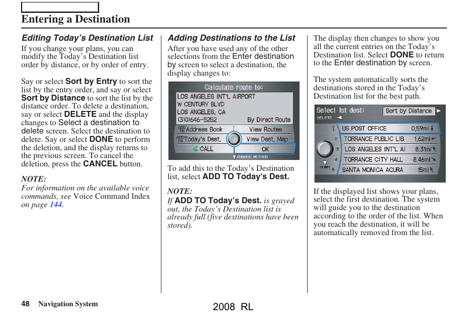 Entering a destination, 2008 rl | Acura 2008 RL Navigation User Manual | Page 48 / 162