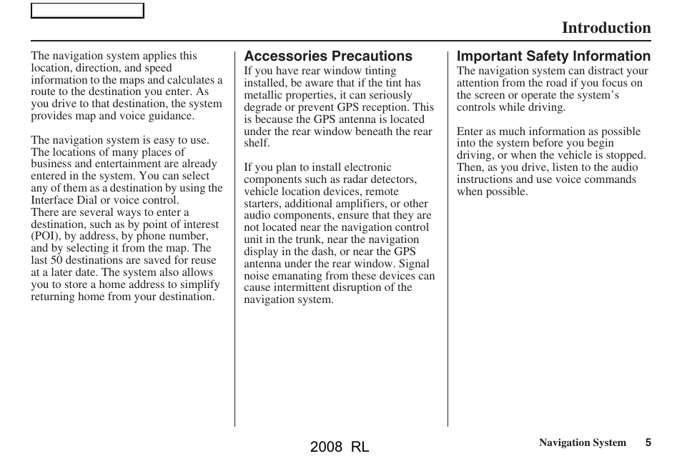 Introduction | Acura 2008 RL Navigation User Manual | Page 5 / 162
