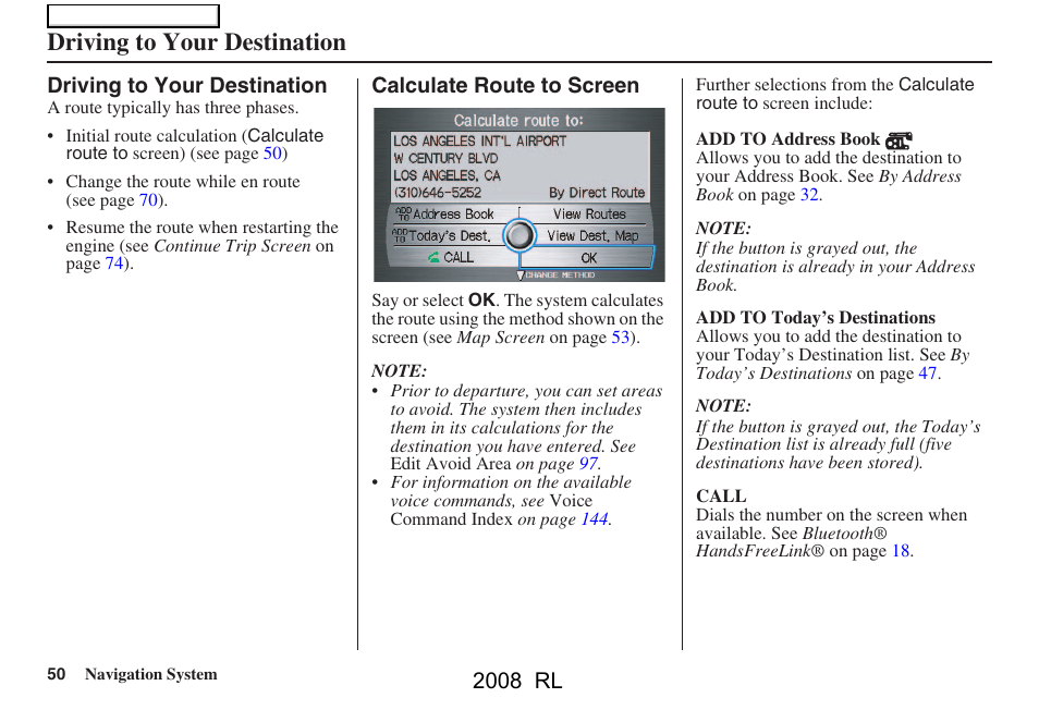 Driving to your destination, 2008 rl | Acura 2008 RL Navigation User Manual | Page 50 / 162